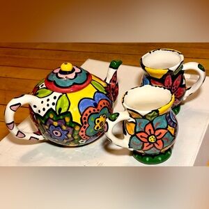 Colorful Hand Painted Floral Ceramic Tea Pot with Lid and Two Tea Cups
